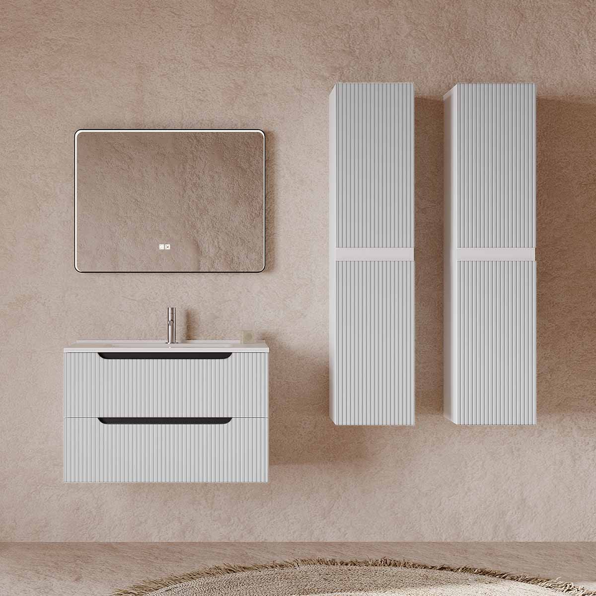 Set mobilier baie alb mat , coloana suspendata, lavoar incastrat alb și oglindă, 80 cm, SaviniDue Comfort