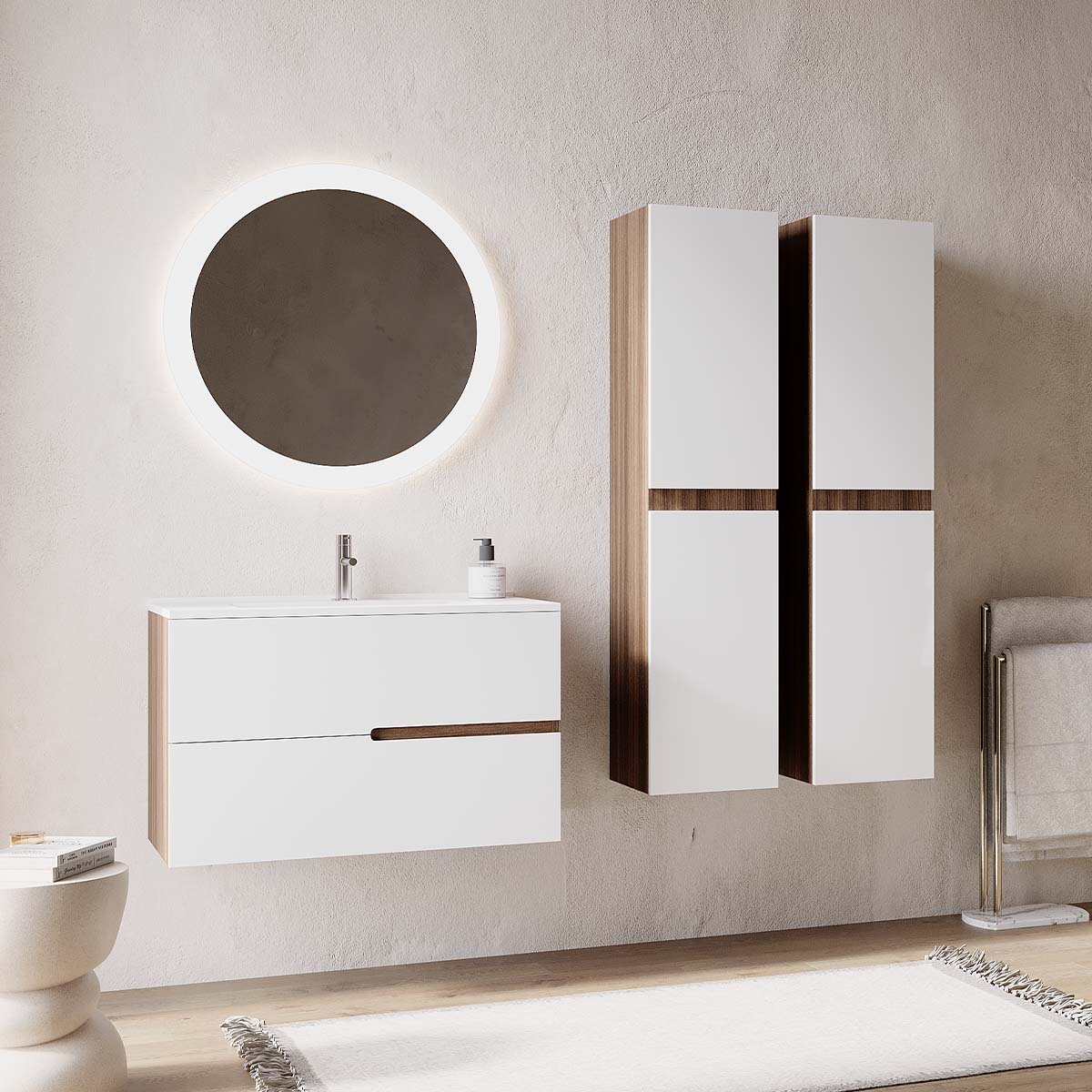 Set mobilier baie alb mat cu imitatie lemn, coloana suspendata, lavoar incastrat alb și oglindă, 80 cm, SaviniDue Eva