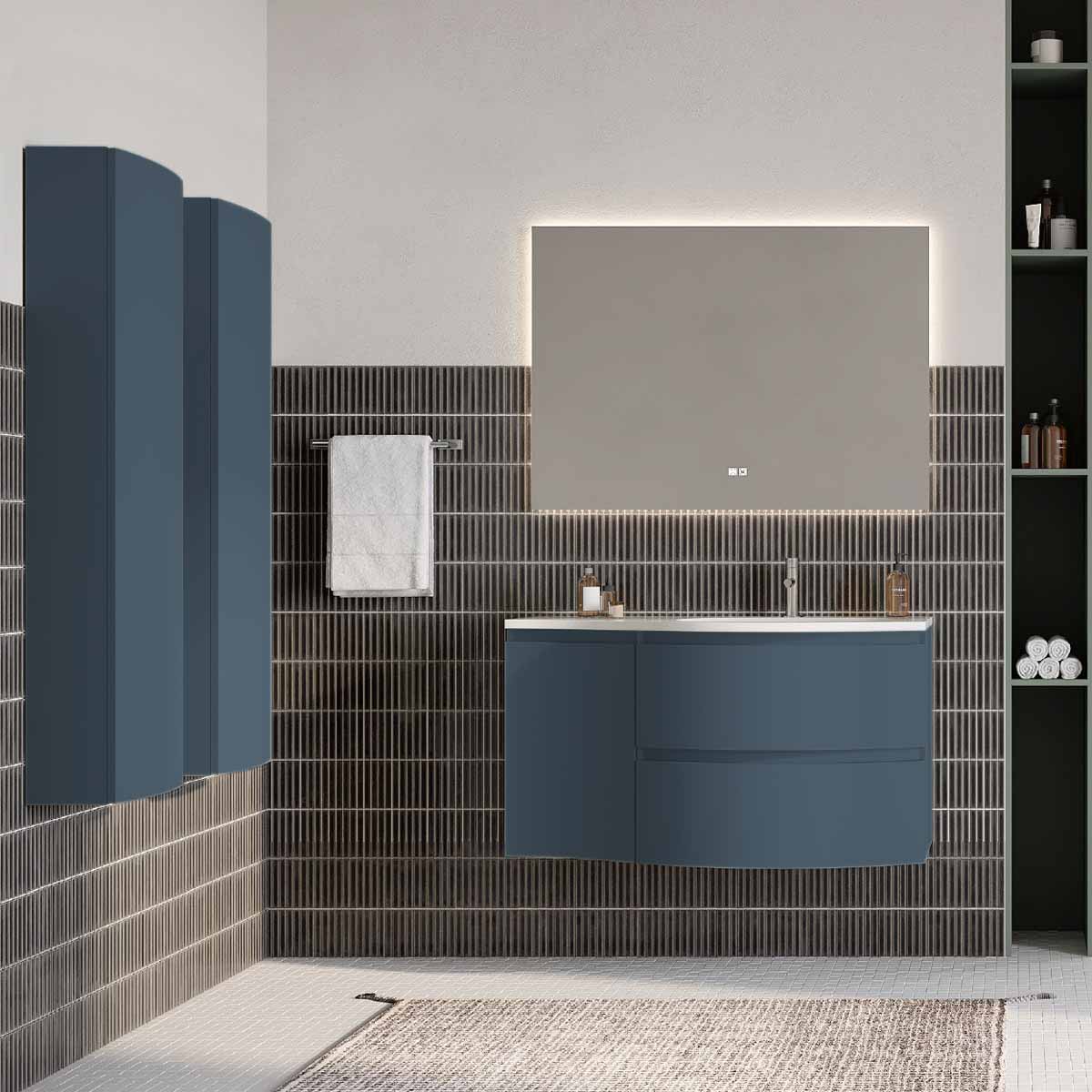 Set mobilier baie albastru mat, coloana suspendata, lavoar incastrat alb și oglindă, 104 cm, SaviniDue Armonia