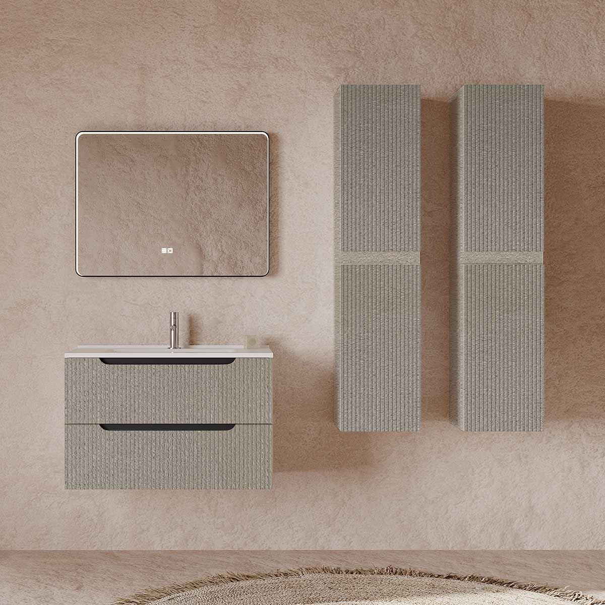 Set mobilier baie bej , coloana suspendata, lavoar incastrat alb și oglindă, 80 cm, SaviniDue Comfort