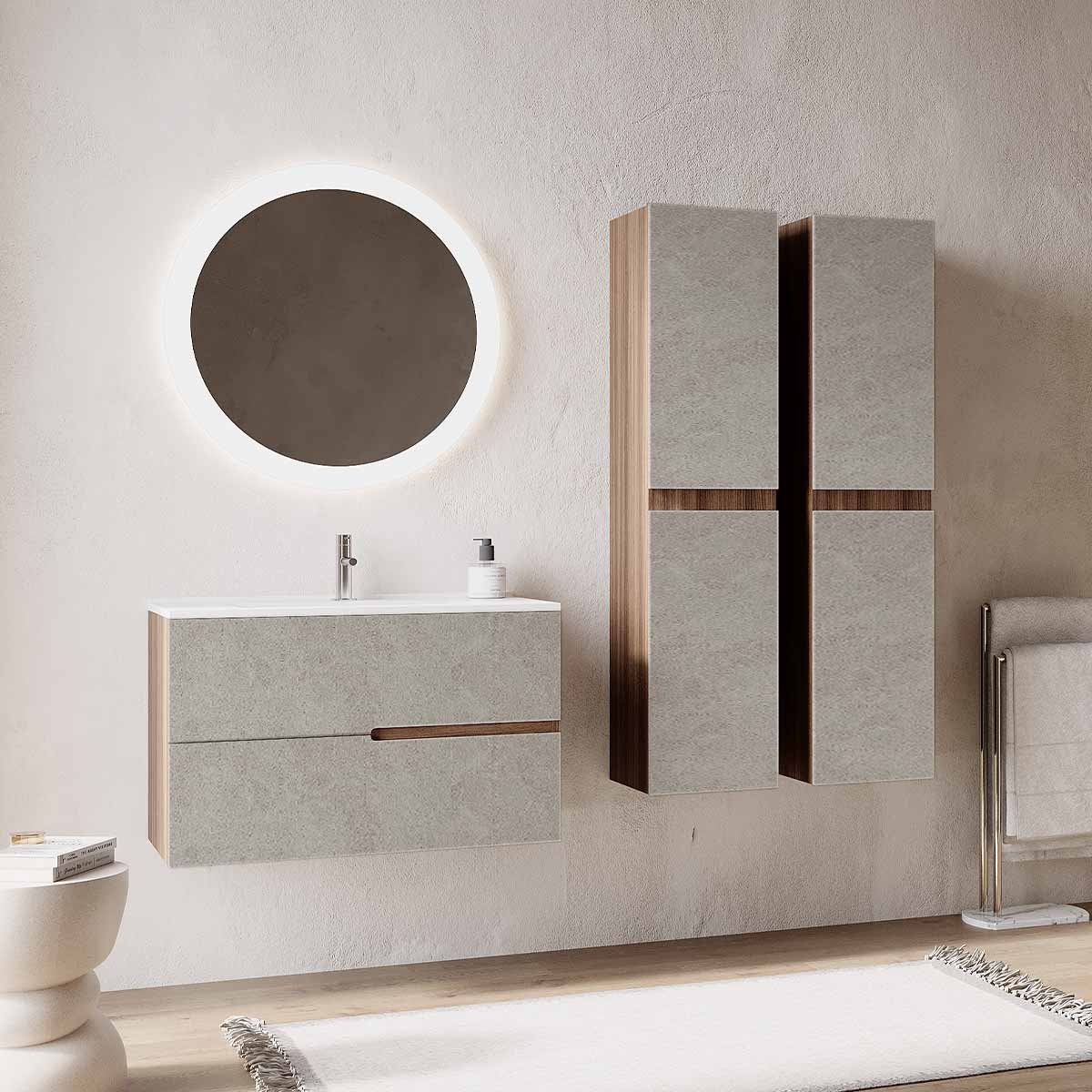 Set mobilier baie bej cu imitatie lemn, coloana suspendata, lavoar incastrat alb și oglindă, 80 cm, SaviniDue Eva