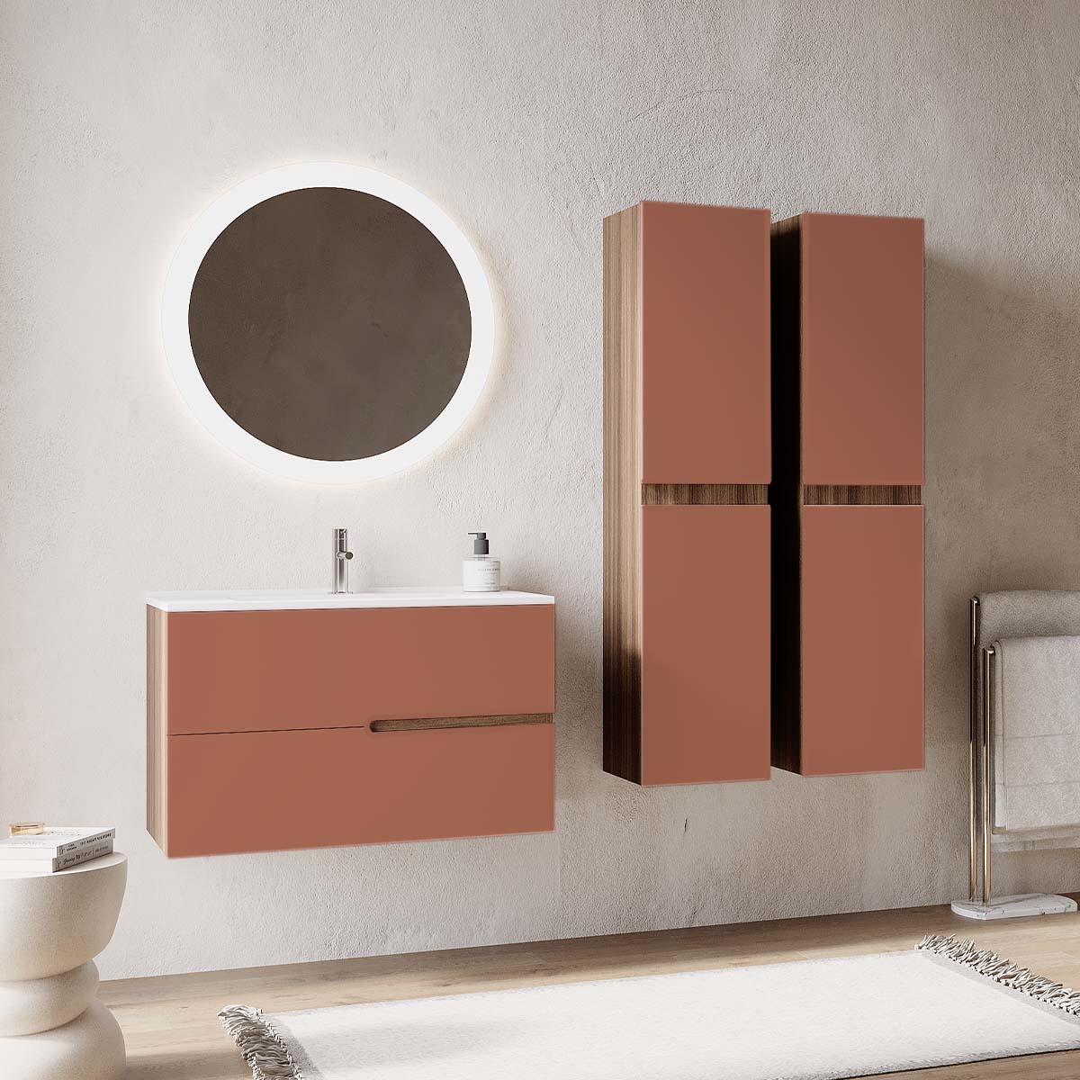 Set mobilier baie caramiziu cu imitatie lemn, coloana suspendata, lavoar incastrat alb și oglindă, 80 cm, SaviniDue Eva