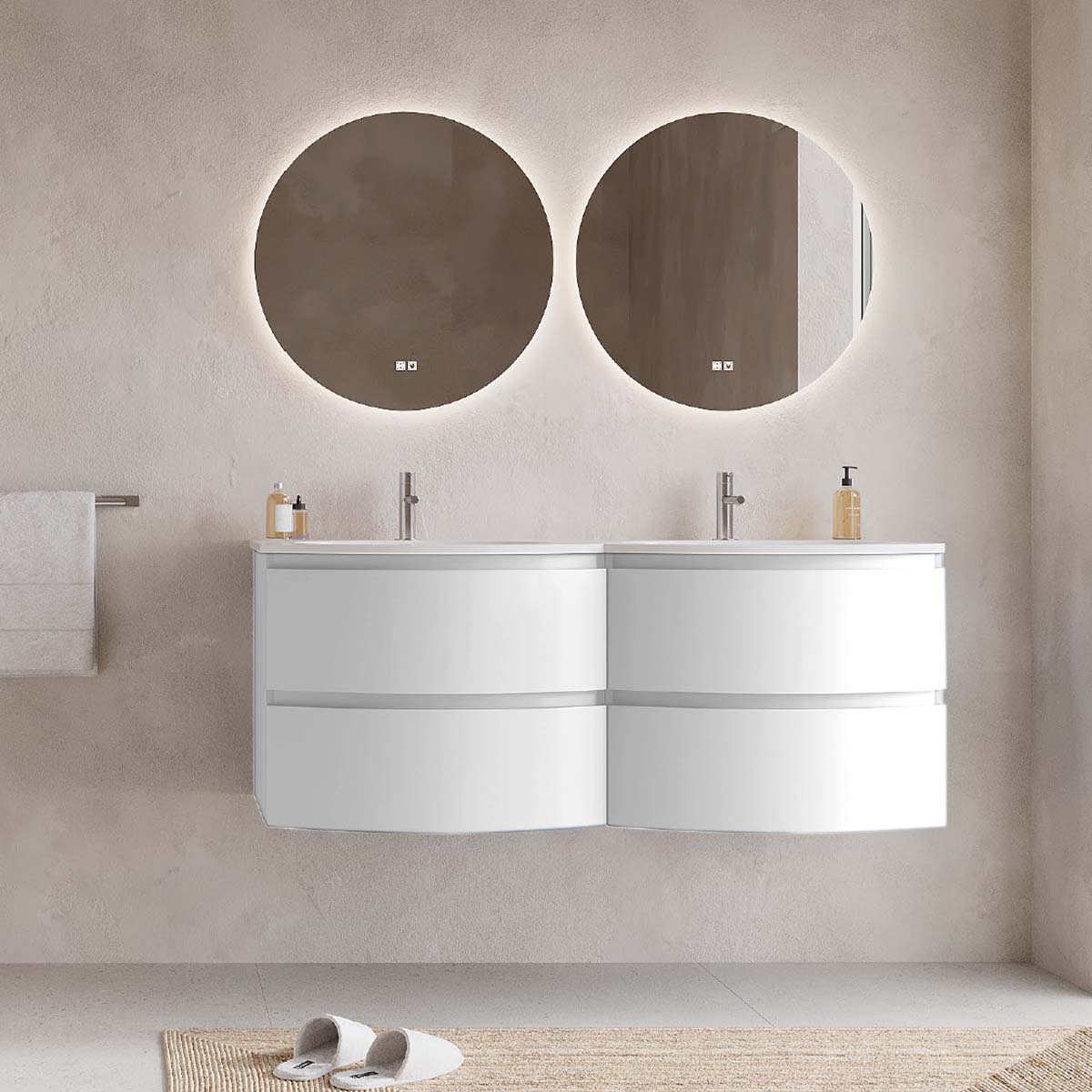 Set mobilier baie dublu suspendat alb mat, lavoar alb incastrat si oglinda, 140 cm, SaviniDue Armonia