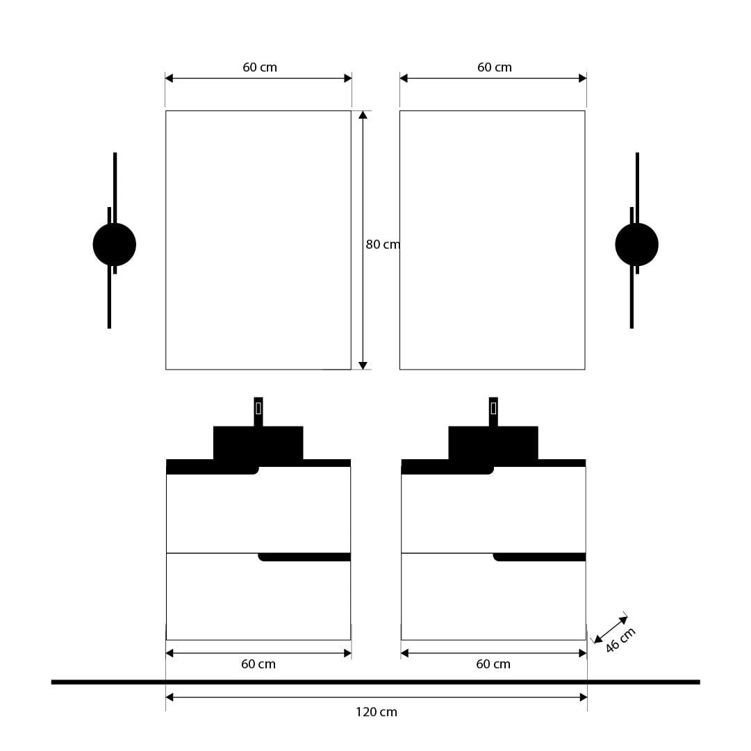 Set mobilier baie dublu suspendat gri cu alb mat, lavoar negru pe blat, oglindă si lampi, 120 cm, SaviniDue Winter