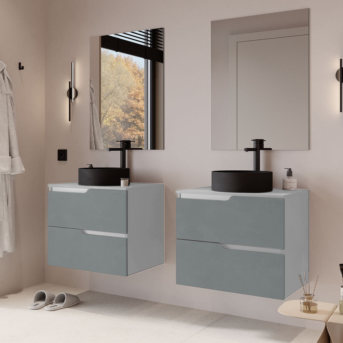 Set mobilier baie dublu suspendat gri cu alb mat, lavoar negru pe blat, oglindă si lampi, 120 cm, SaviniDue Winter