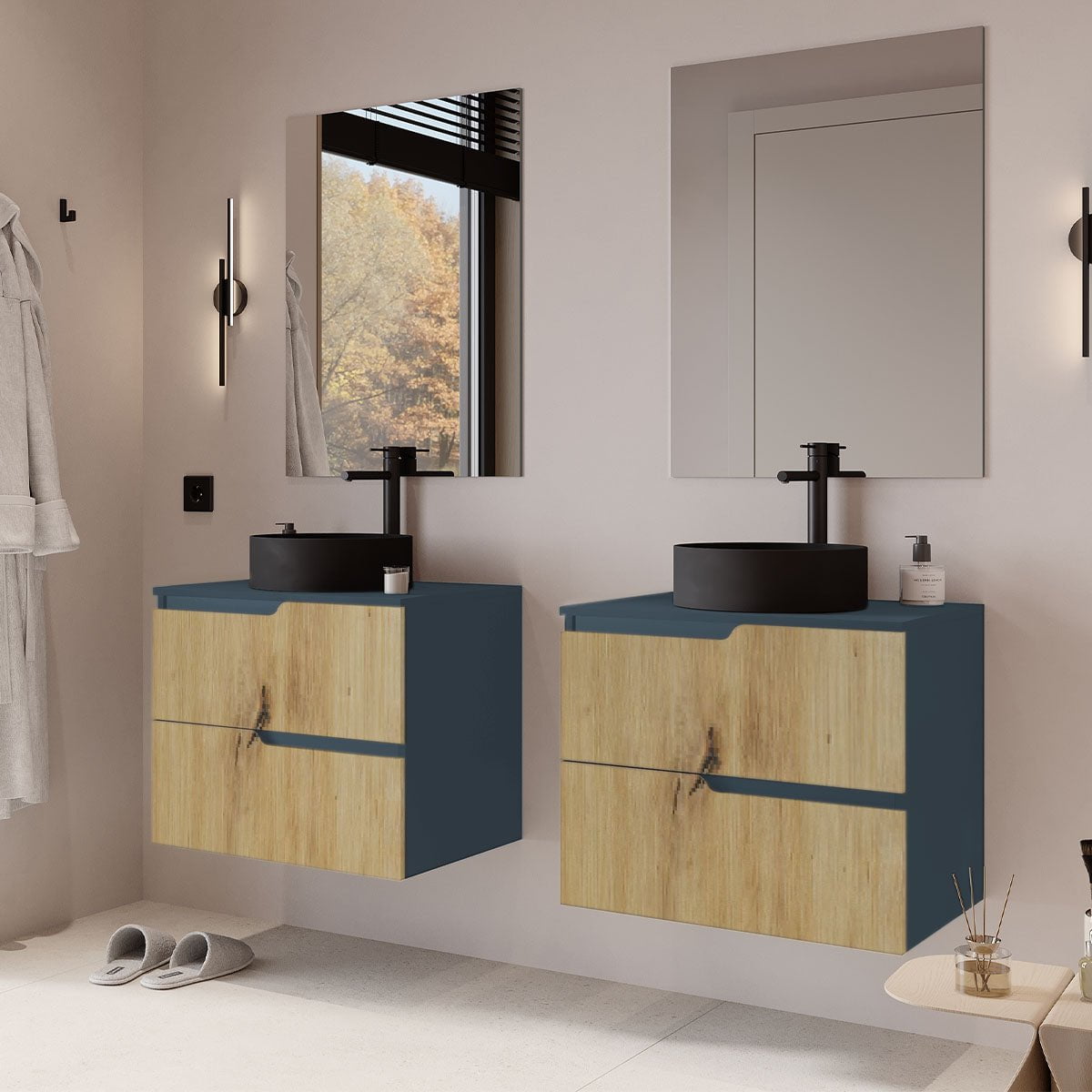 Set mobilier baie dublu suspendat imitatie lemn cu albastru mat, lavoar negru pe blat, oglindă si lampi, 120 cm, SaviniDue Winter