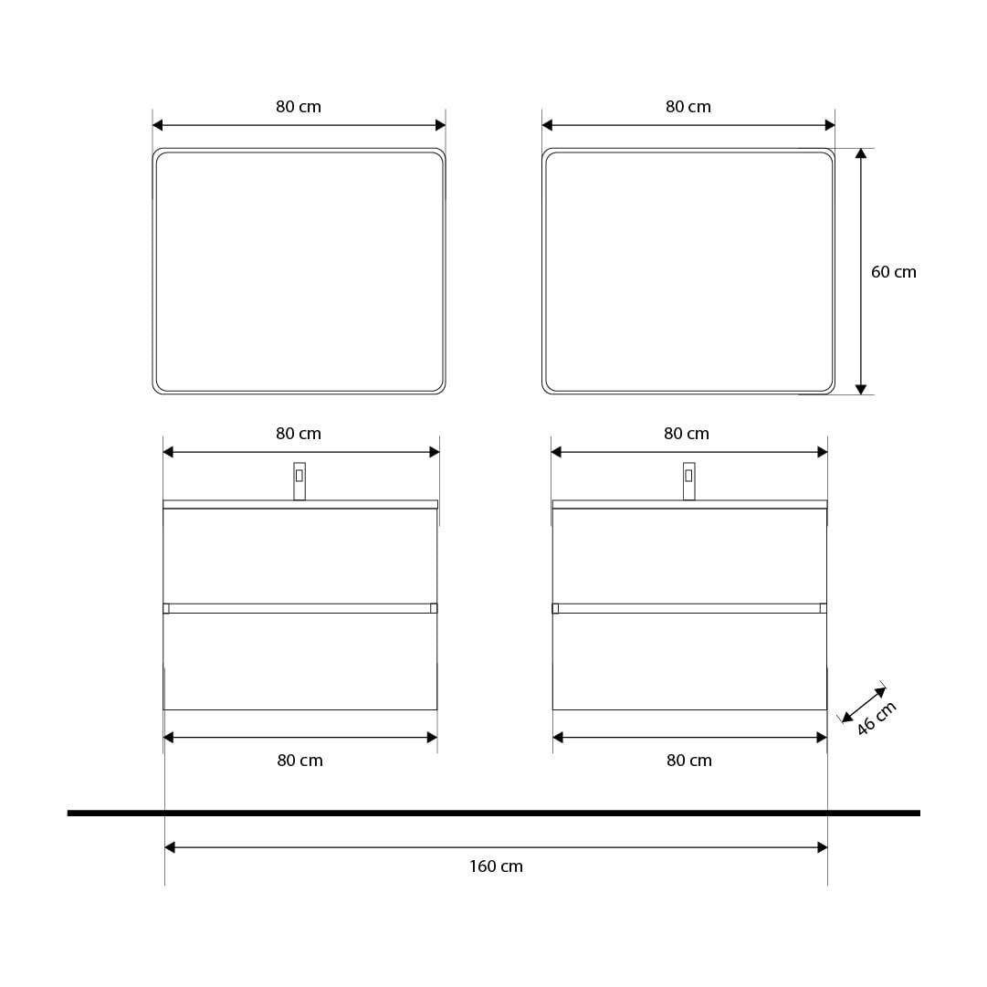 Set mobilier baie dublu suspendat imitatie lemn deschis, lavoar negru pe blat si oglinda, 160 cm, SaviniDue Easy