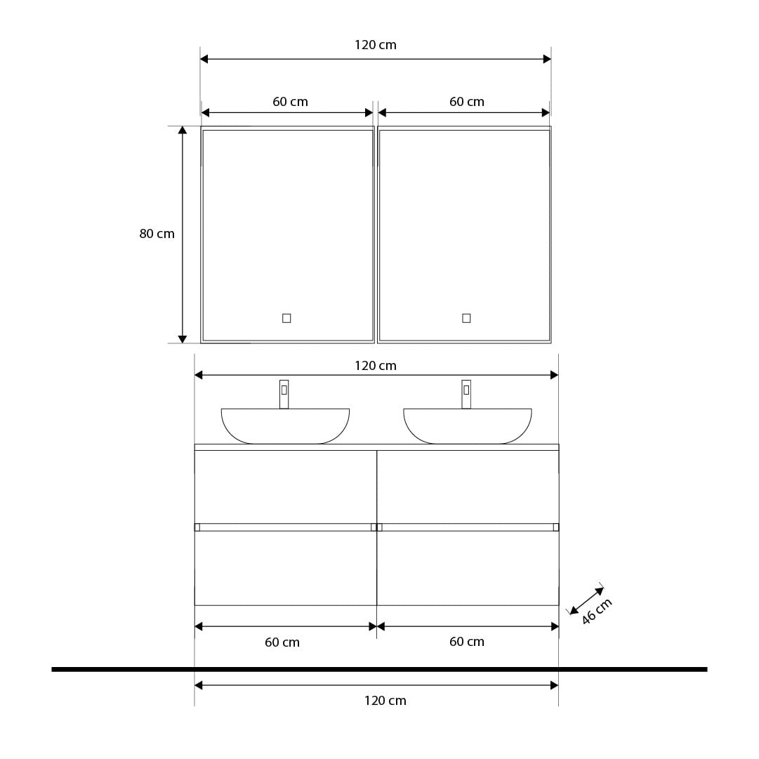 Set mobilier baie dublu suspendat negru mat cu imitatie lemn, lavoar alb pe blat si oglinda, 120 cm, SaviniDue Easy