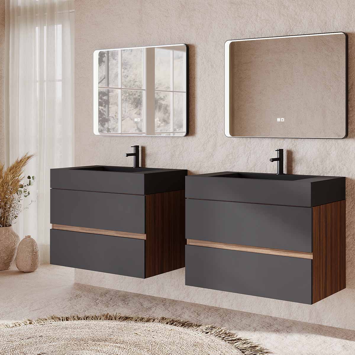 Set mobilier baie dublu suspendat negru mat cu imitatie lemn, lavoar negru pe blat si oglinda, 160 cm, SaviniDue Easy