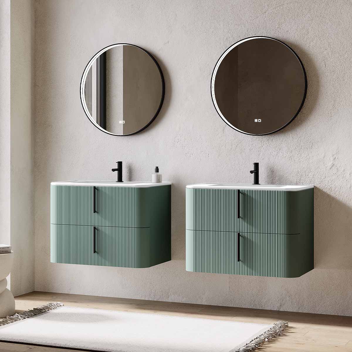 Set mobilier baie dublu suspendat verde italia, lavoar alb incastrat si oglinda, 160 cm, riflaj Cannetatto, SaviniDue Lyra