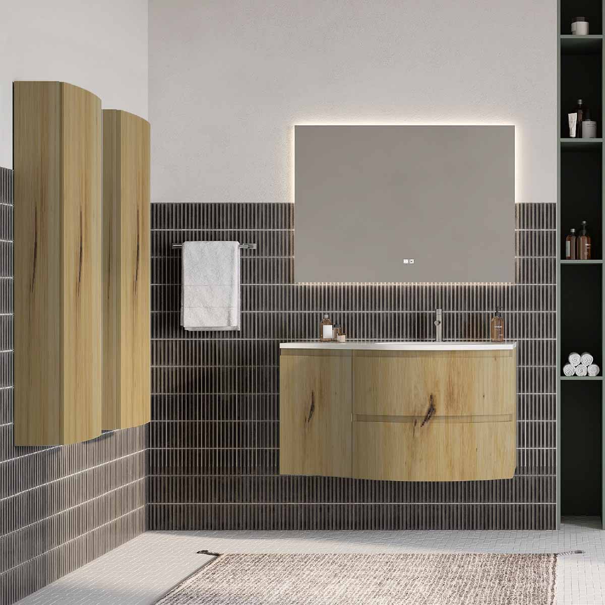 Set mobilier baie imitatie lemn, coloana suspendata, lavoar incastrat alb și oglindă, 104 cm, SaviniDue Armonia