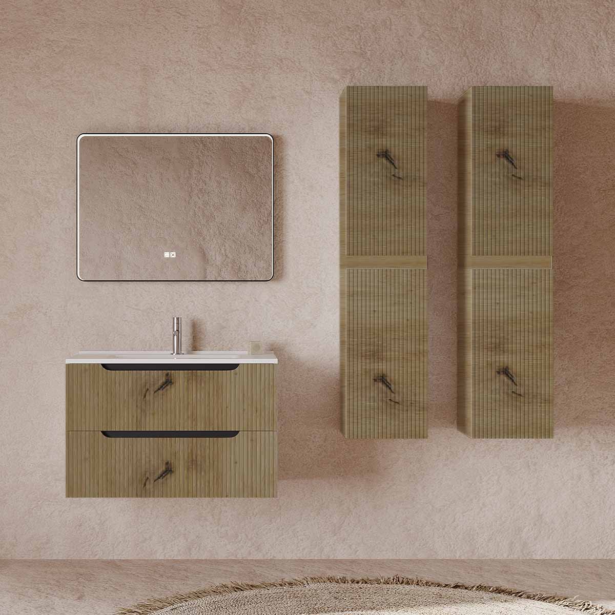 Set mobilier baie imitatie lemn , coloana suspendata, lavoar incastrat alb și oglindă, 80 cm, SaviniDue Comfort