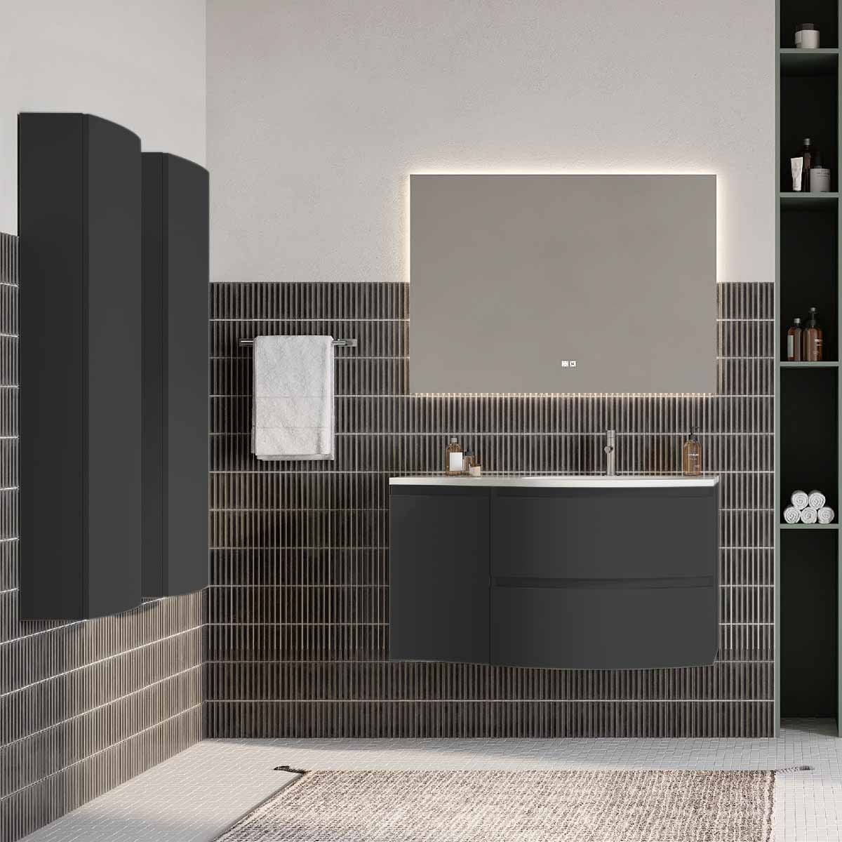 Set mobilier baie negru mat, coloana suspendata, lavoar incastrat alb și oglindă, 104 cm, SaviniDue Armonia