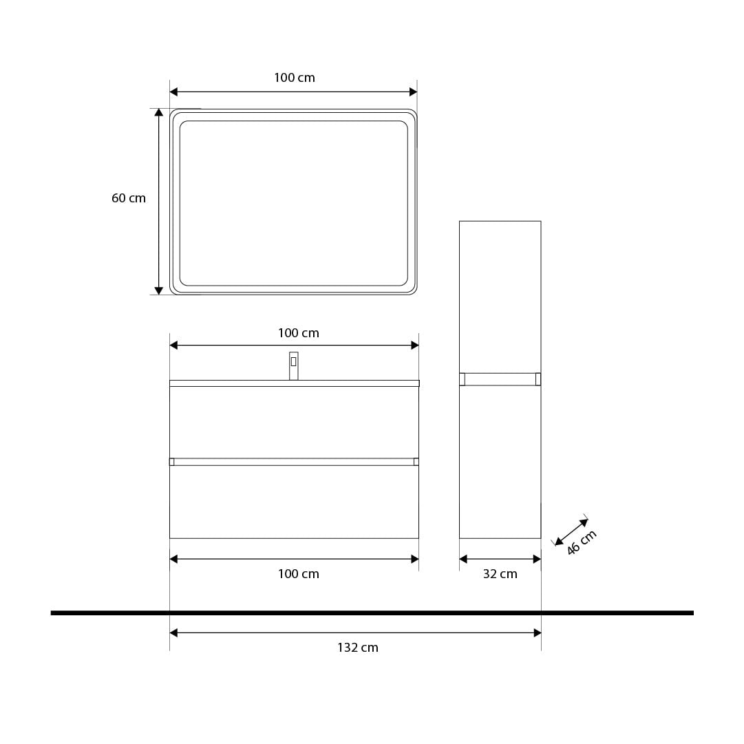 Set mobilier baie stejar deschis cu coloana suspendata, lavoar incastrat alb și oglindă, 100 cm, SaviniDue Easy)