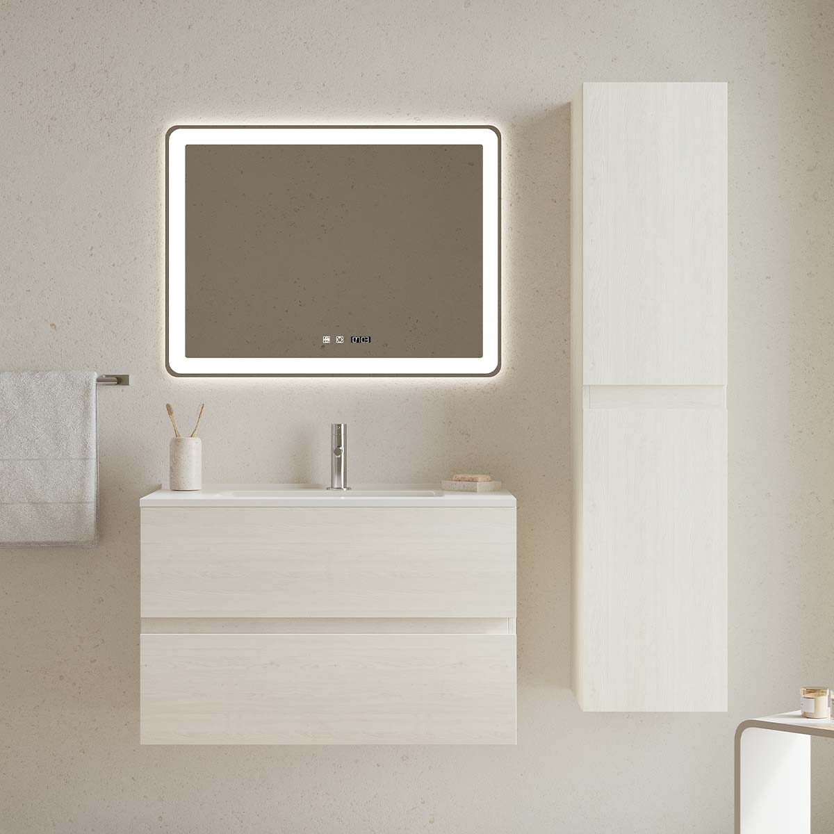 Set mobilier baie stejar deschis cu coloana suspendata, lavoar incastrat alb și oglindă, 100 cm, SaviniDue Easy)