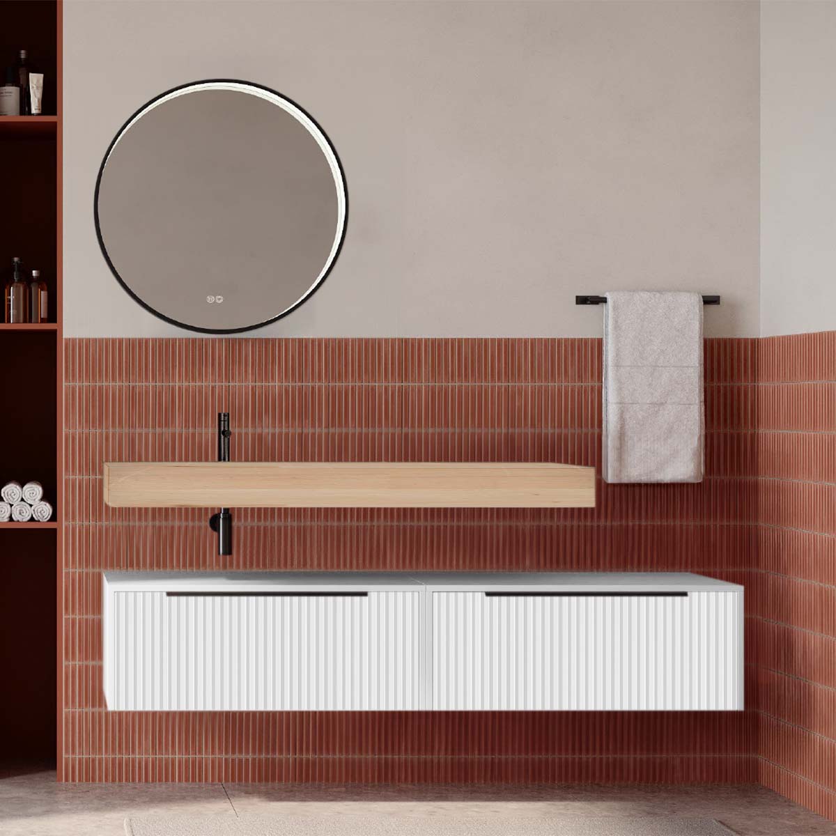 Set mobilier baie suspendat alb mat cu lavoar imitație lemn și oglindă, cu riflaje cannetatto, 160 cm, SaviniDue Iconica