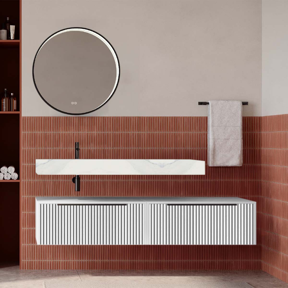 Set mobilier baie suspendat alb mat cu lavoar imitație marmura alba și oglindă, cu riflaje cannetatto, 160 cm, SaviniDue Iconica