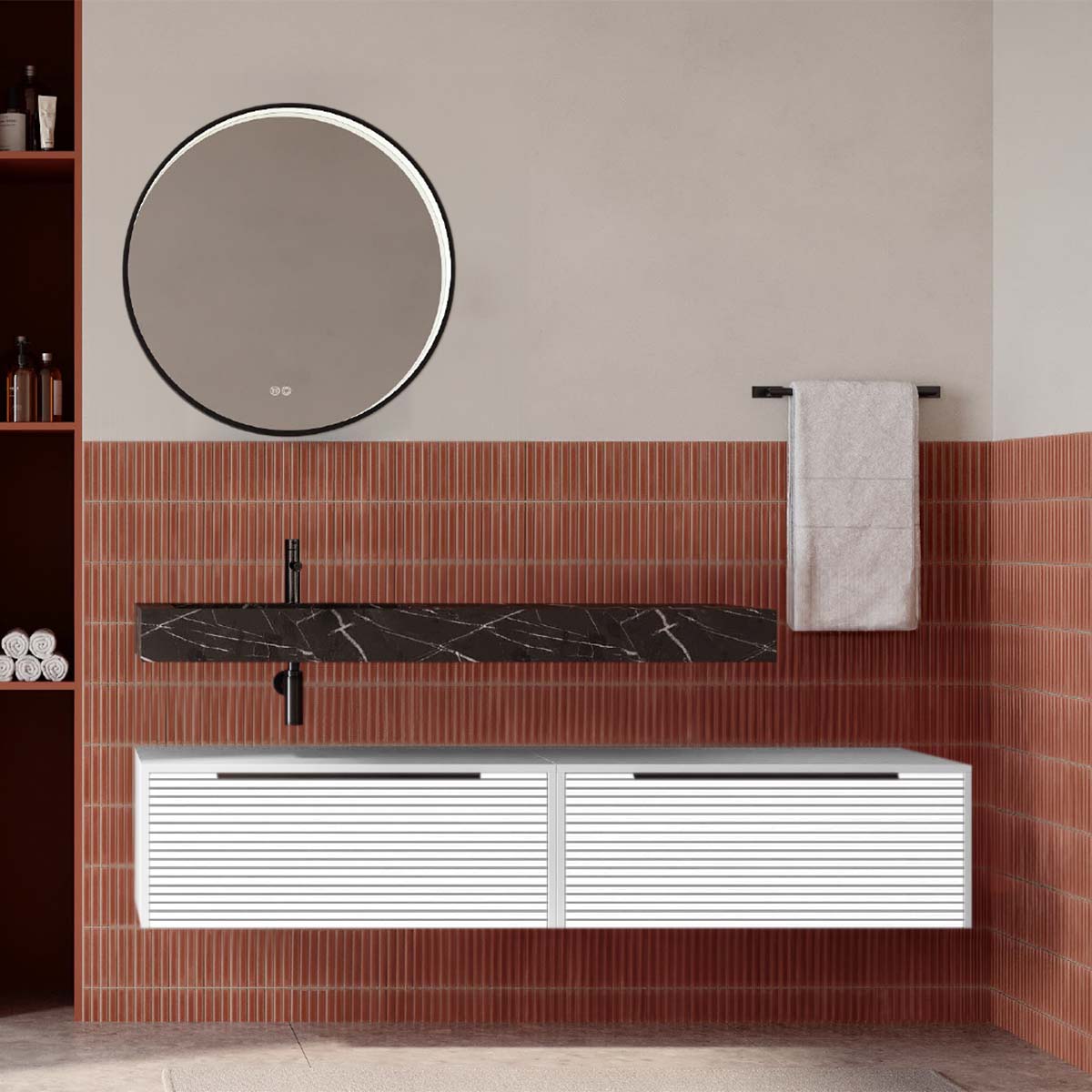 Set mobilier baie suspendat alb mat cu lavoar imitație marmura neagra și oglindă, cu riflaje Dogato, 160 cm, SaviniDue Iconica