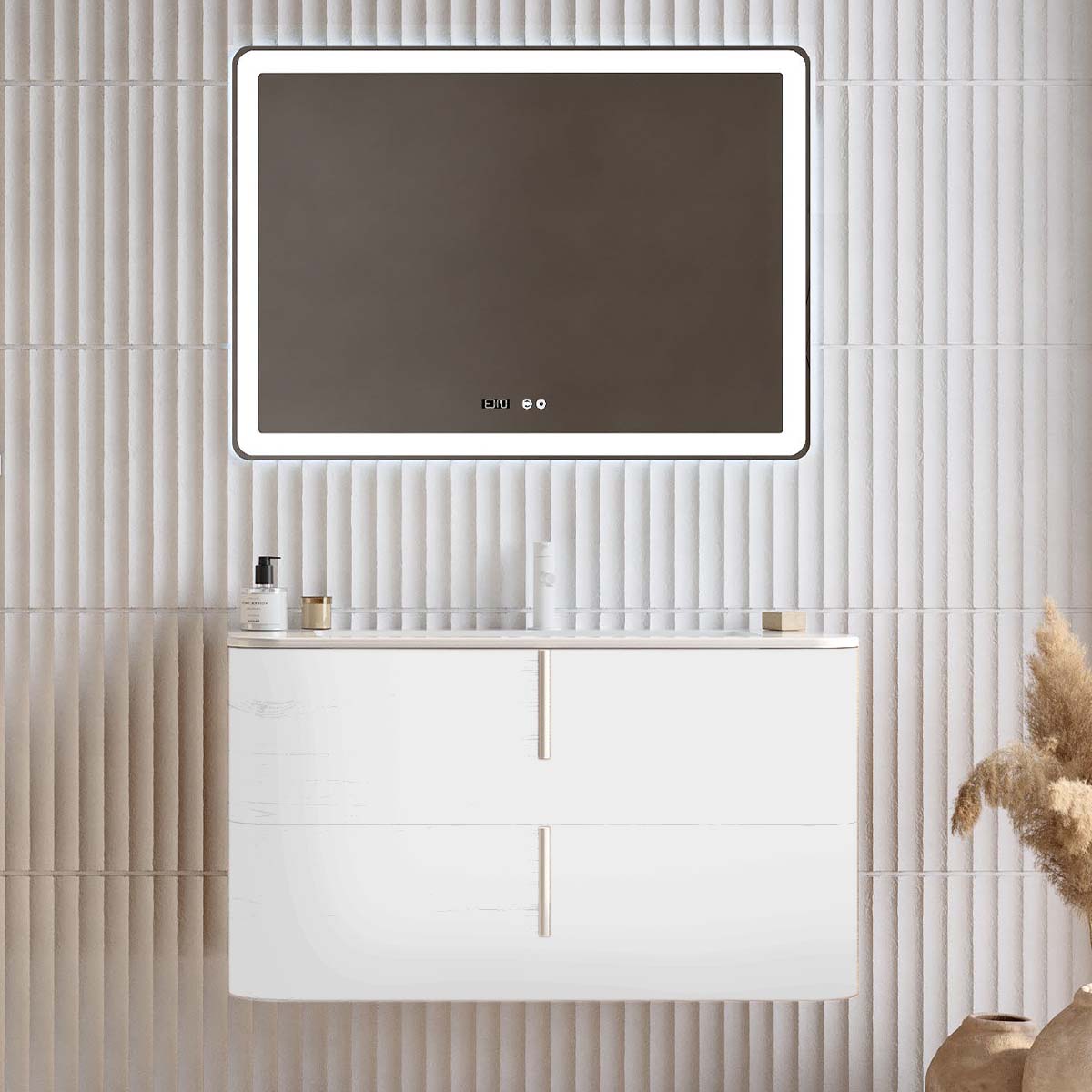 Set mobilier baie suspendat alb mat, lavoar alb mat, oglinda, 100 cm, SaviniDue Lyra