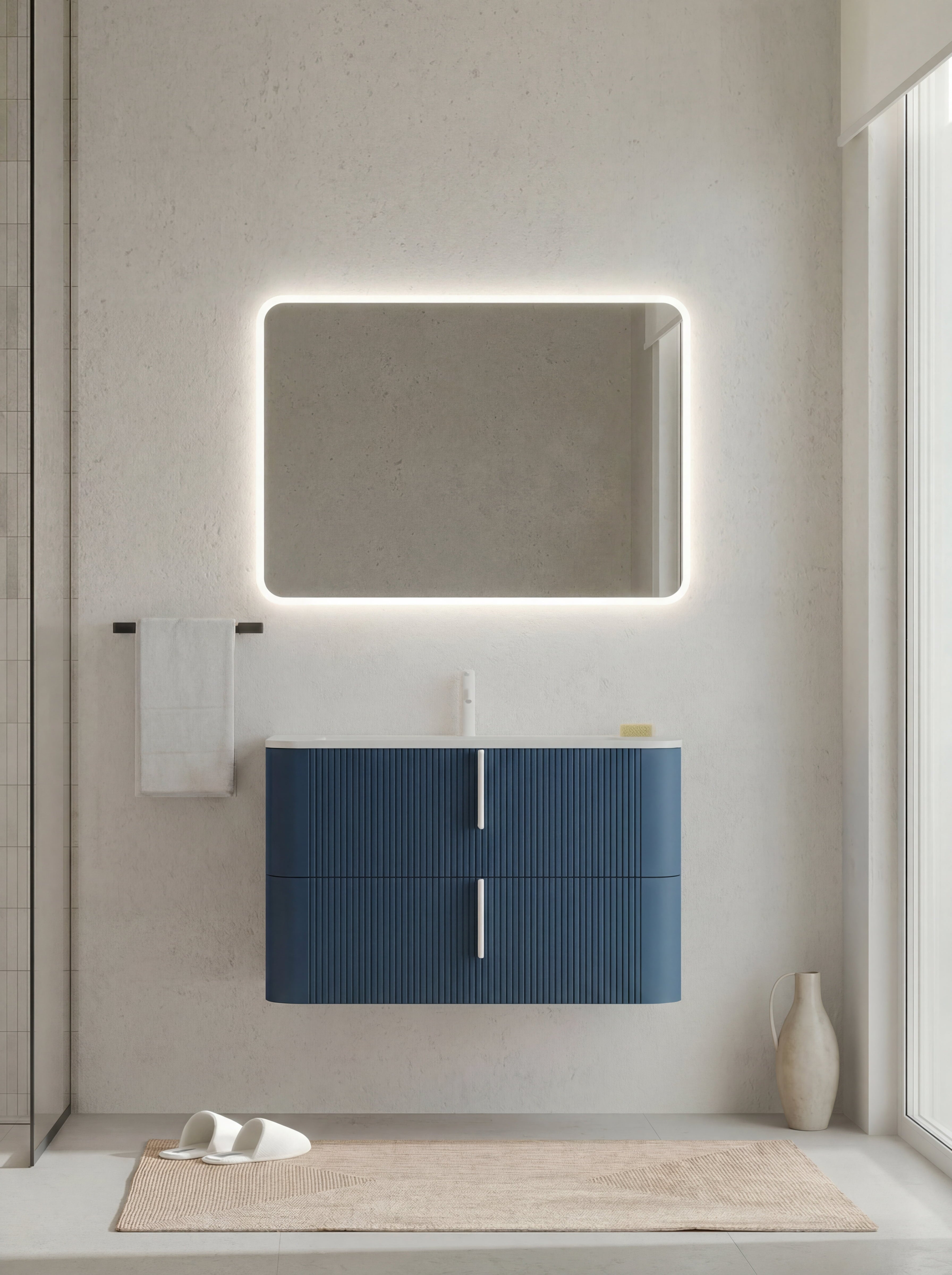 Set mobilier baie suspendat albastru cu riflaj Cannetatto, lavoar alb mat si oglinda, 100 cm, SaviniDue Lyra