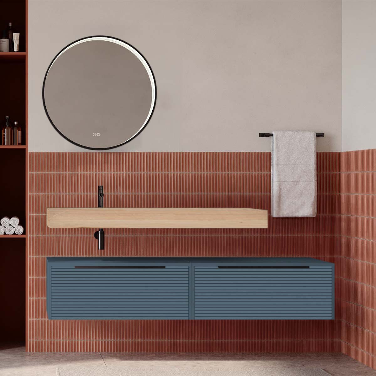 Set mobilier baie suspendat albastru mat cu lavoar imitație lemn și oglindă, cu riflaje Dogato, 160 cm, SaviniDue Iconica