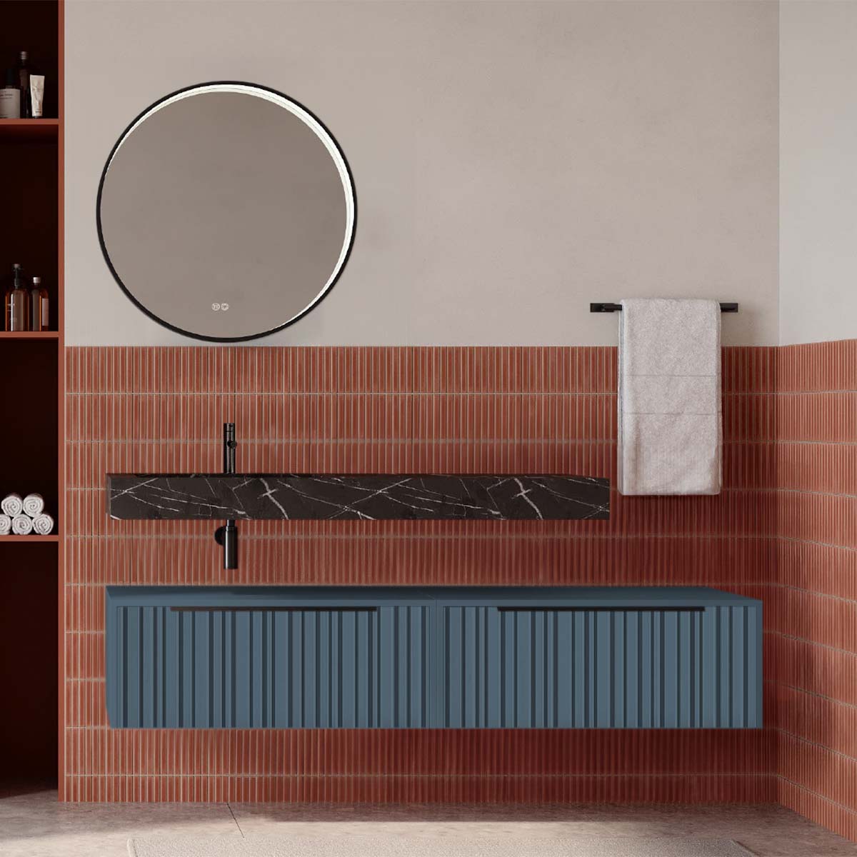 Set mobilier baie suspendat albastru mat cu lavoar imitație marmura neagra și oglindă, cu riflaje Plissetatto, 160 cm, SaviniDue Iconica