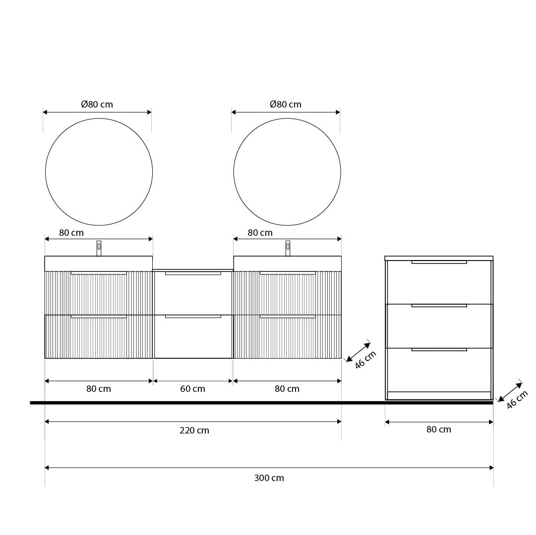 Set mobilier baie suspendat albastru mat, lavoar dublu alb mat pe blat și 2 oglinzi, cu riflaje Cannetatto, 220 cm, SaviniDue Iconica