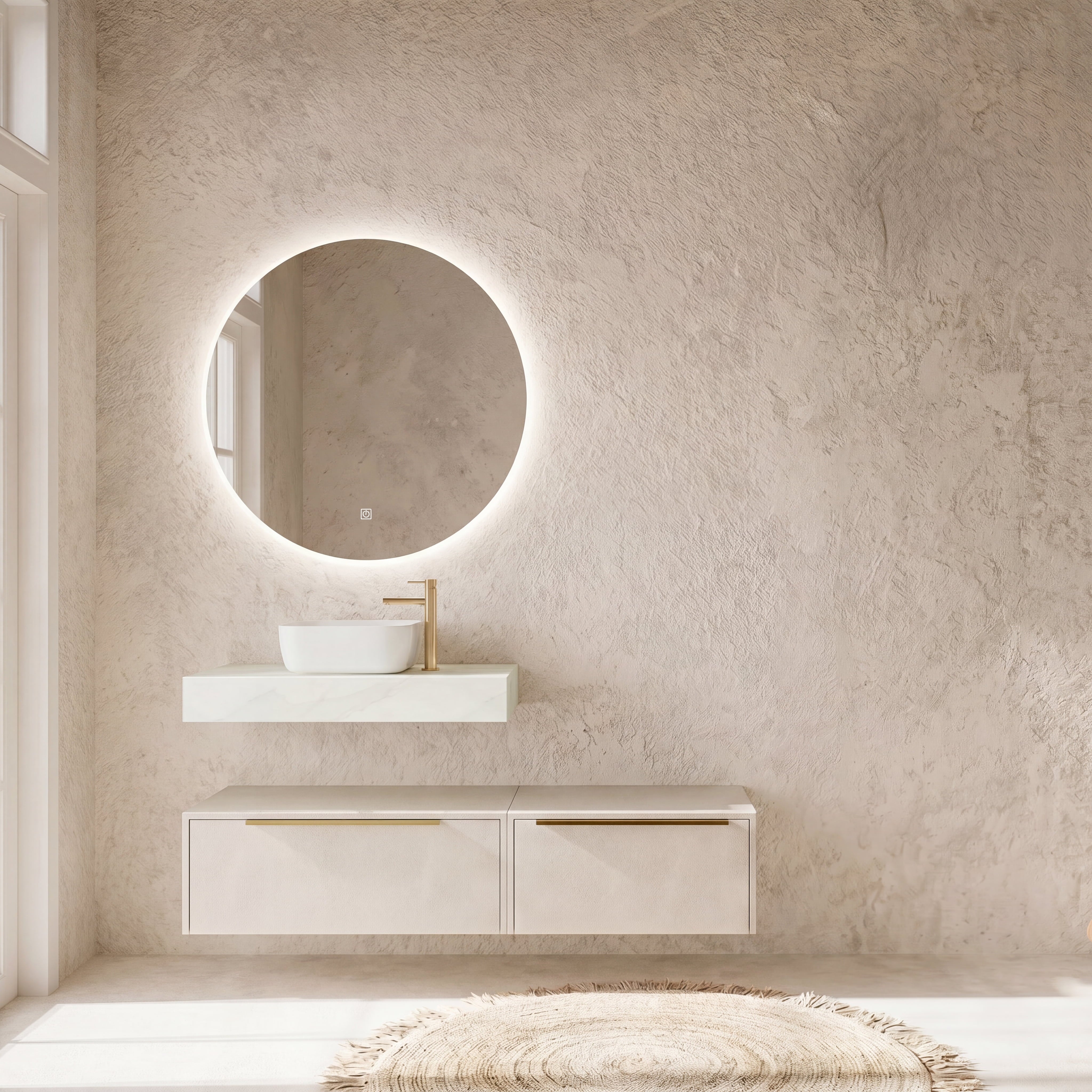 Set mobilier baie suspendat bej, blat HPL imitatie marmura alba, lavoar alb mat si oglinda, 140 cm, SaviniDue Iconica