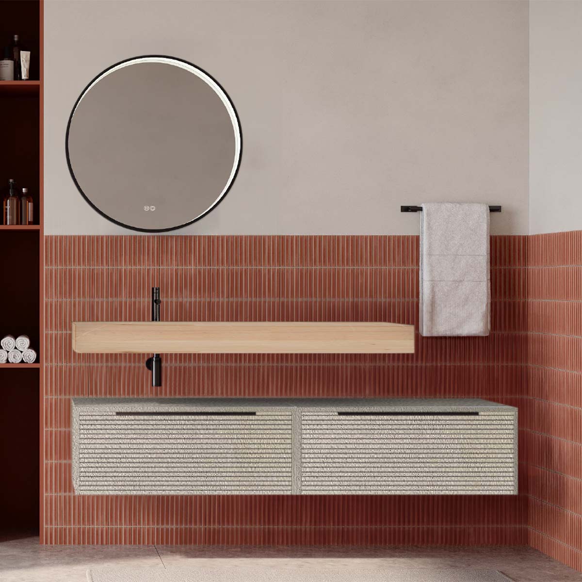 Set mobilier baie suspendat bej mat cu lavoar imitație lemn și oglindă, cu riflaje Dogato, 160 cm, SaviniDue Iconica