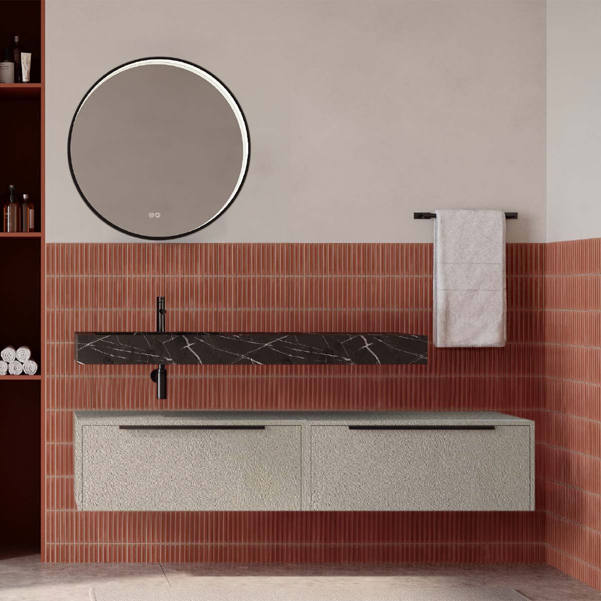 Set mobilier baie suspendat bej mat cu lavoar imitație marmura neagra și oglindă, 160 cm, SaviniDue Iconica