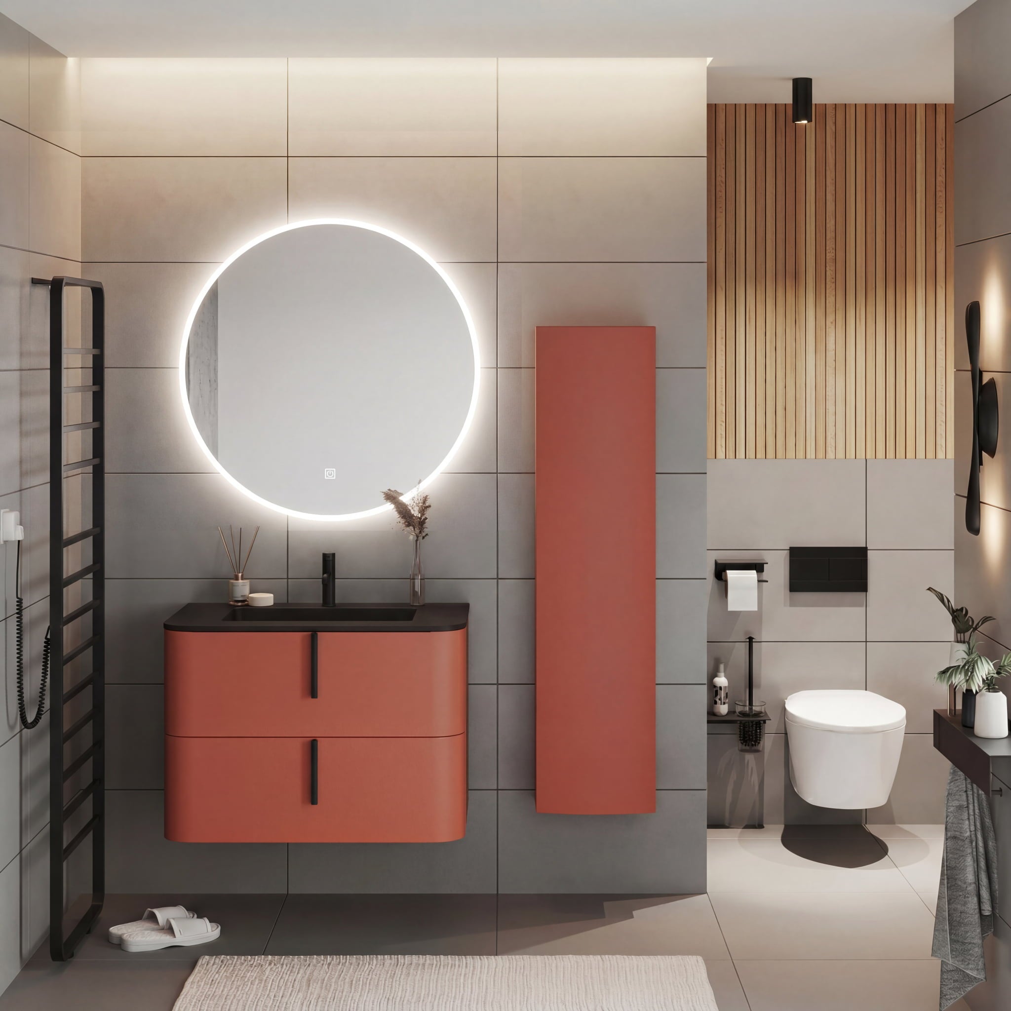 Set mobilier baie suspendat caramiziu, coloana suspendata, lavoar negru mat si oglinda, 80 cm, SaviniDue Lyra