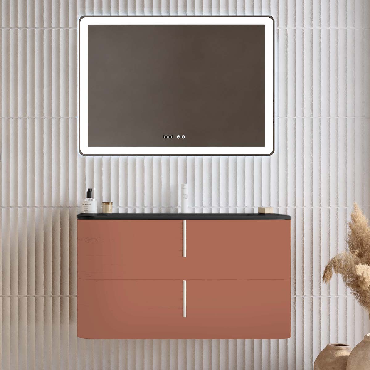 Set mobilier baie suspendat caramiziu, lavoar negru mat, oglinda, 100 cm, SaviniDue Lyra