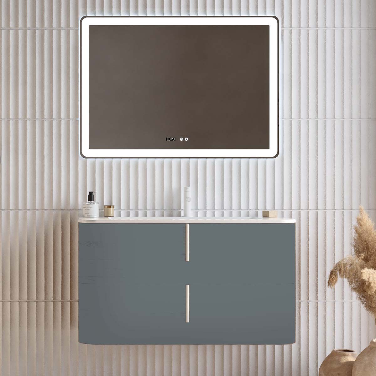 Set mobilier baie suspendat gri, lavoar alb mat, oglinda, 100 cm, SaviniDue Lyra