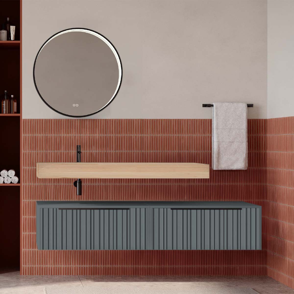 Set mobilier baie suspendat gri mat cu lavoar imitație lemn și oglindă, cu riflaje Plissetatto, 160 cm, SaviniDue Iconica