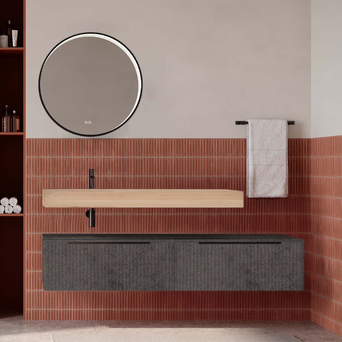 Set mobilier baie suspendat gri urban mat cu lavoar imitație lemn și oglindă, cu riflaje cannetatto, 160 cm, SaviniDue Iconica