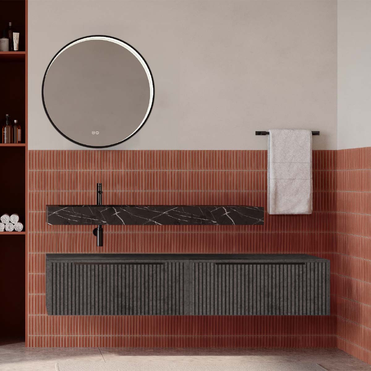 Set mobilier baie suspendat gri urban mat cu lavoar imitație marmura neagra și oglindă, cu riflaje cannetatto, 160 cm, SaviniDue Iconica