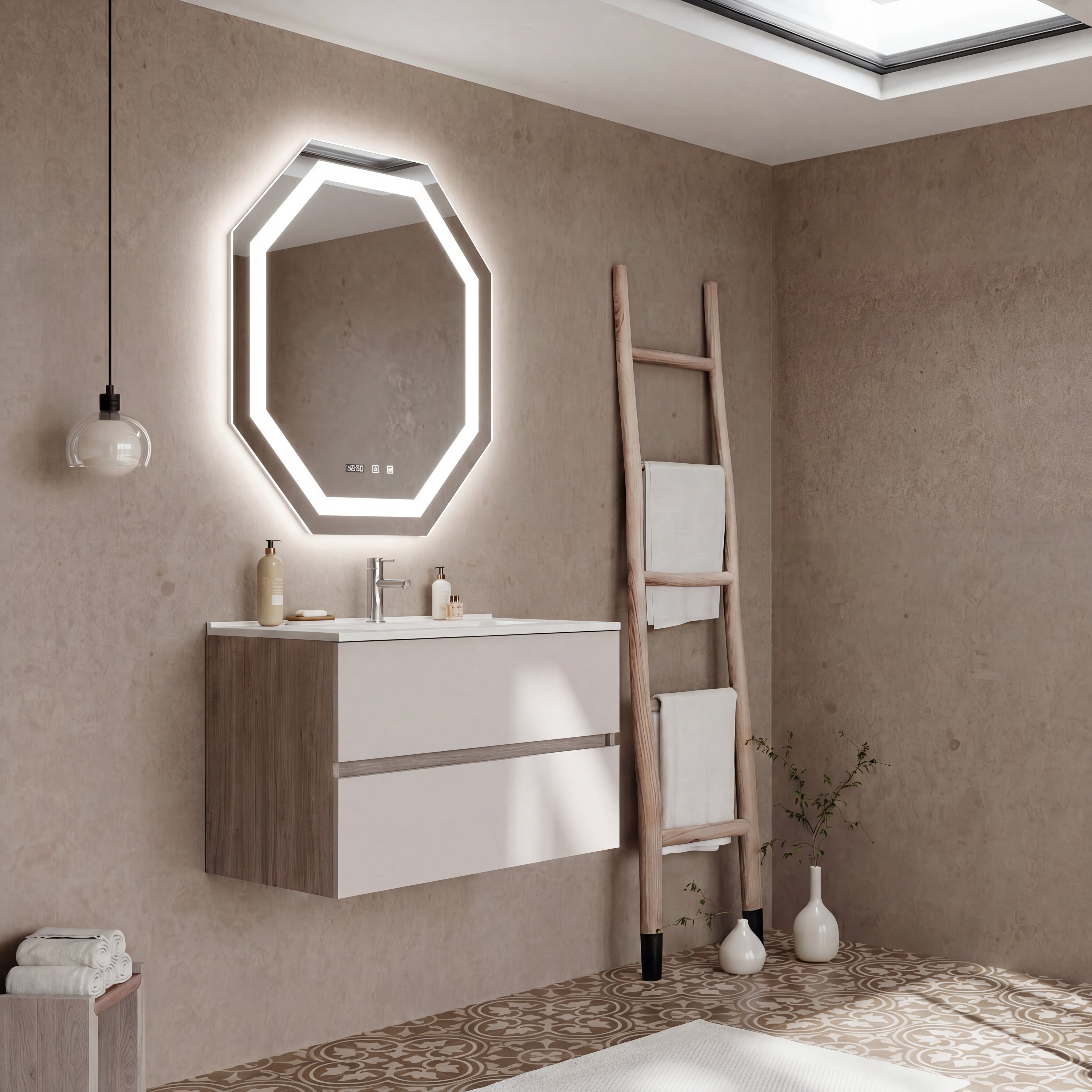 Set mobilier baie suspendat imitatie lemn cu alb mat, lavoar alb si oglinda octogonala, 80 cm, SaviniDue Easy