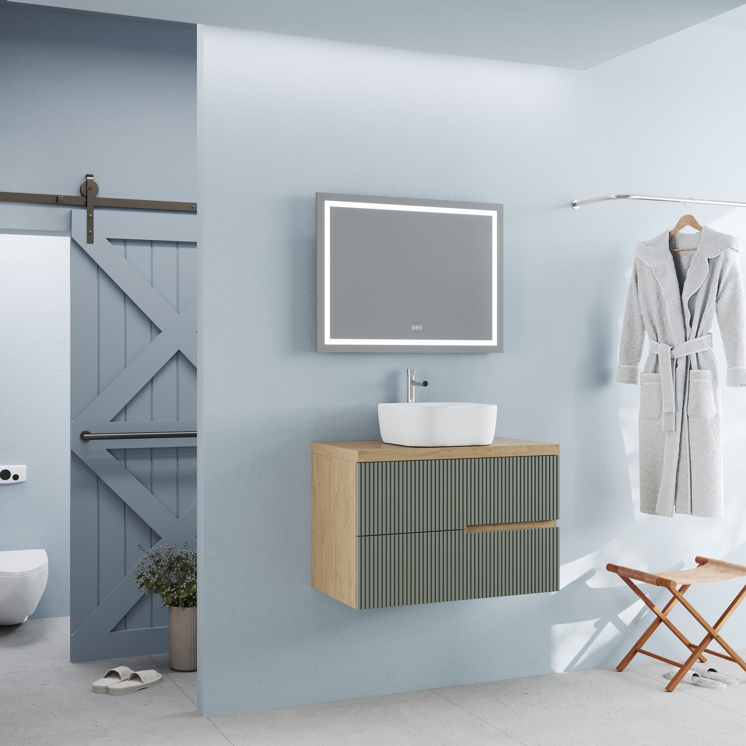 Set mobilier baie suspendat imitatie lemn cu verde salvie, riflaj Cannetatto, blat, lavoar alb mat pe blat si oglinda, 80 cm, SaviniDue Eva