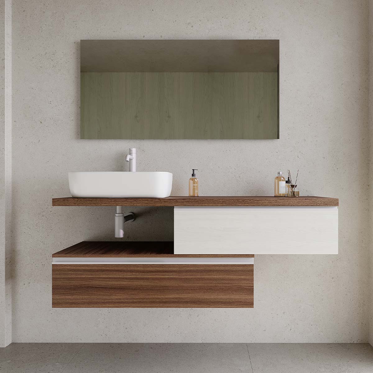 Set mobilier baie suspendat imitatie lemn inchis/alb, lavoar alb pe blat și oglindă, 140 cm, SaviniDue Jupiter