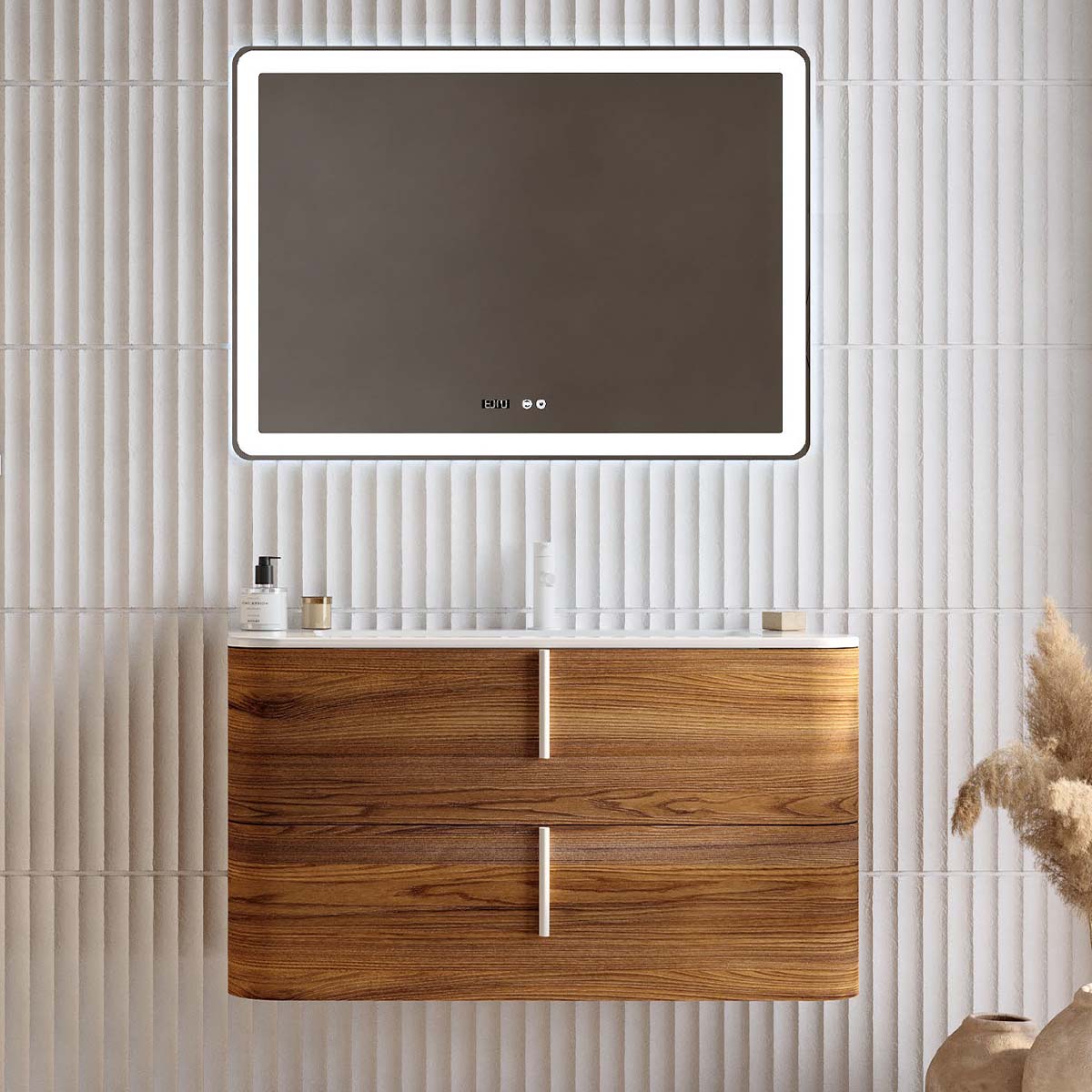 Set mobilier baie suspendat imitatie lemn, lavoar alb mat, oglinda, 100 cm, SaviniDue Lyra