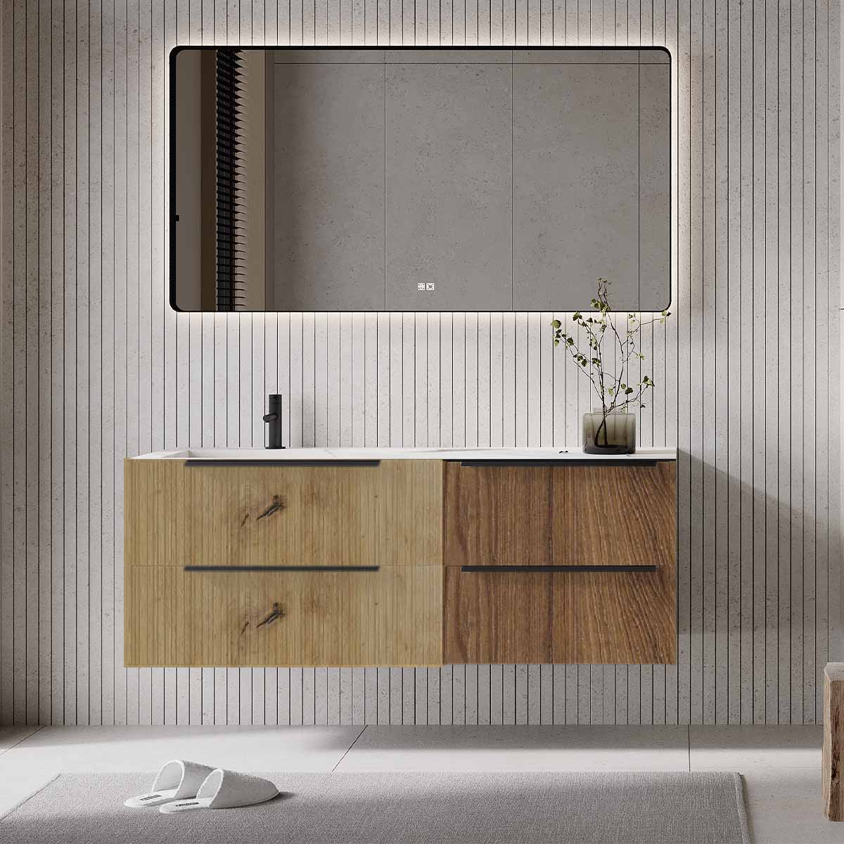 Set mobilier baie suspendat imitatie lemn , lavoar imitație marmura alba și oglindă, cu riflaje Plissetatto, 140 cm, SaviniDue Iconica