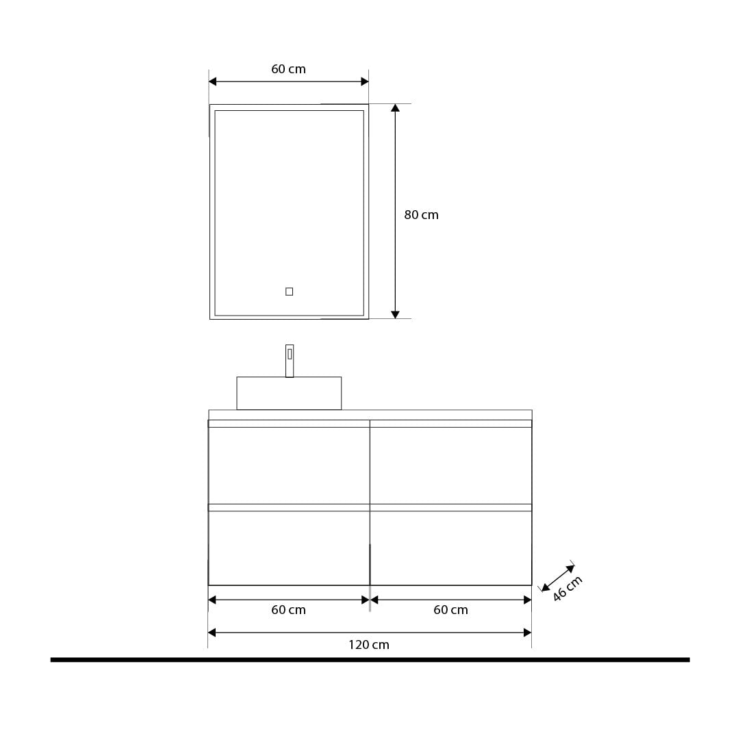Set mobilier baie suspendat imitatie lemn natur, lavoar alb pe blat și oglindă, 120 cm, SaviniDue Jupiter