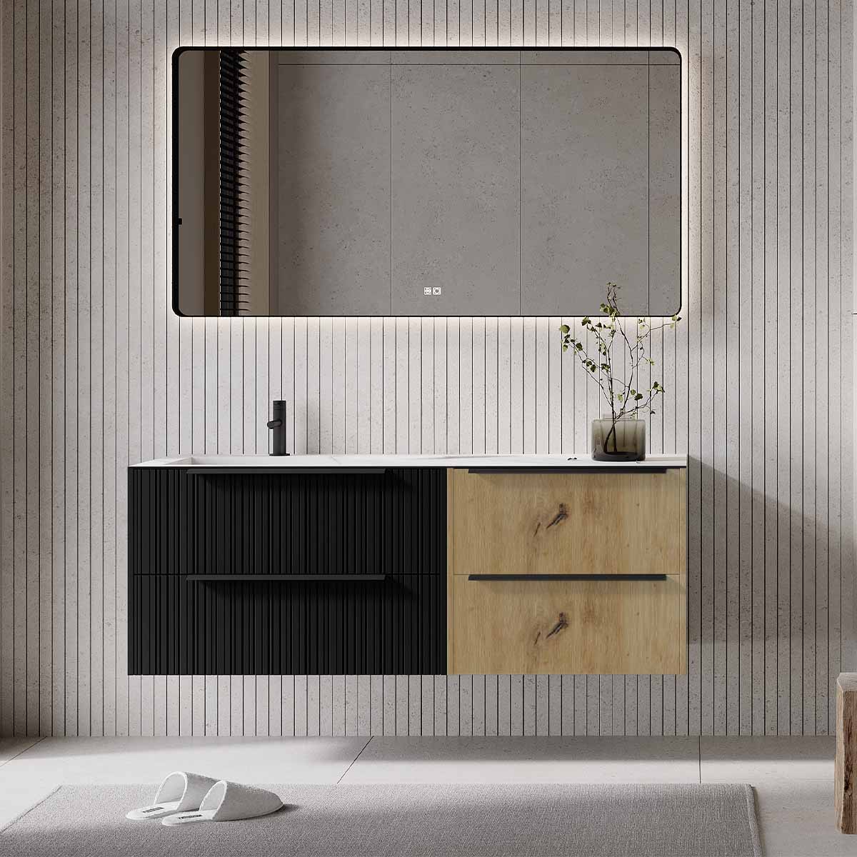 Set mobilier baie suspendat negru mat cu imitatie lemn deschis, lavoar imitație marmura alba și oglindă, cu riflaje Plissetatto, 140 cm, SaviniDue Iconica