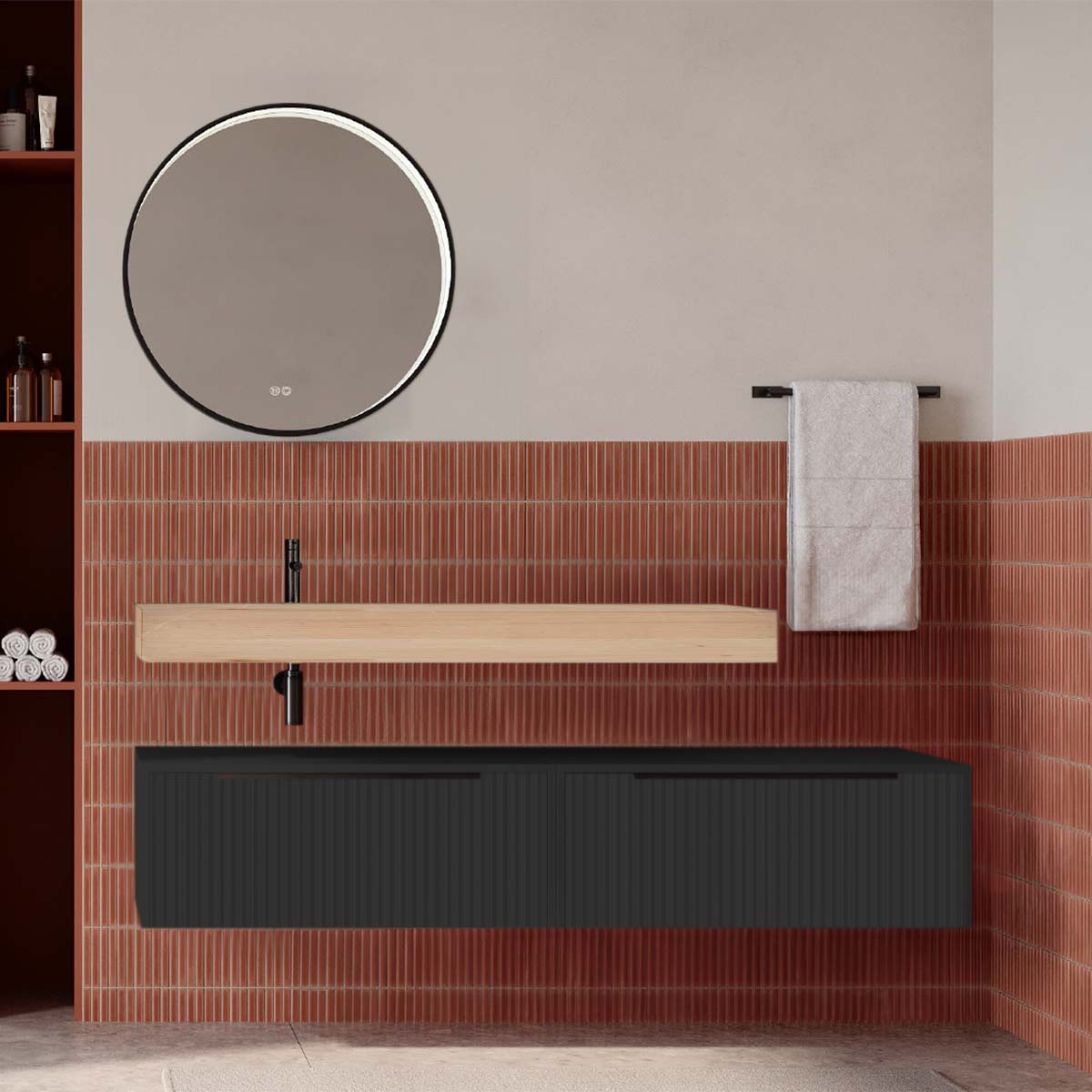 Set mobilier baie suspendat negru mat cu lavoar imitație lemn și oglindă, cu riflaje cannetatto, 160 cm, SaviniDue Iconica