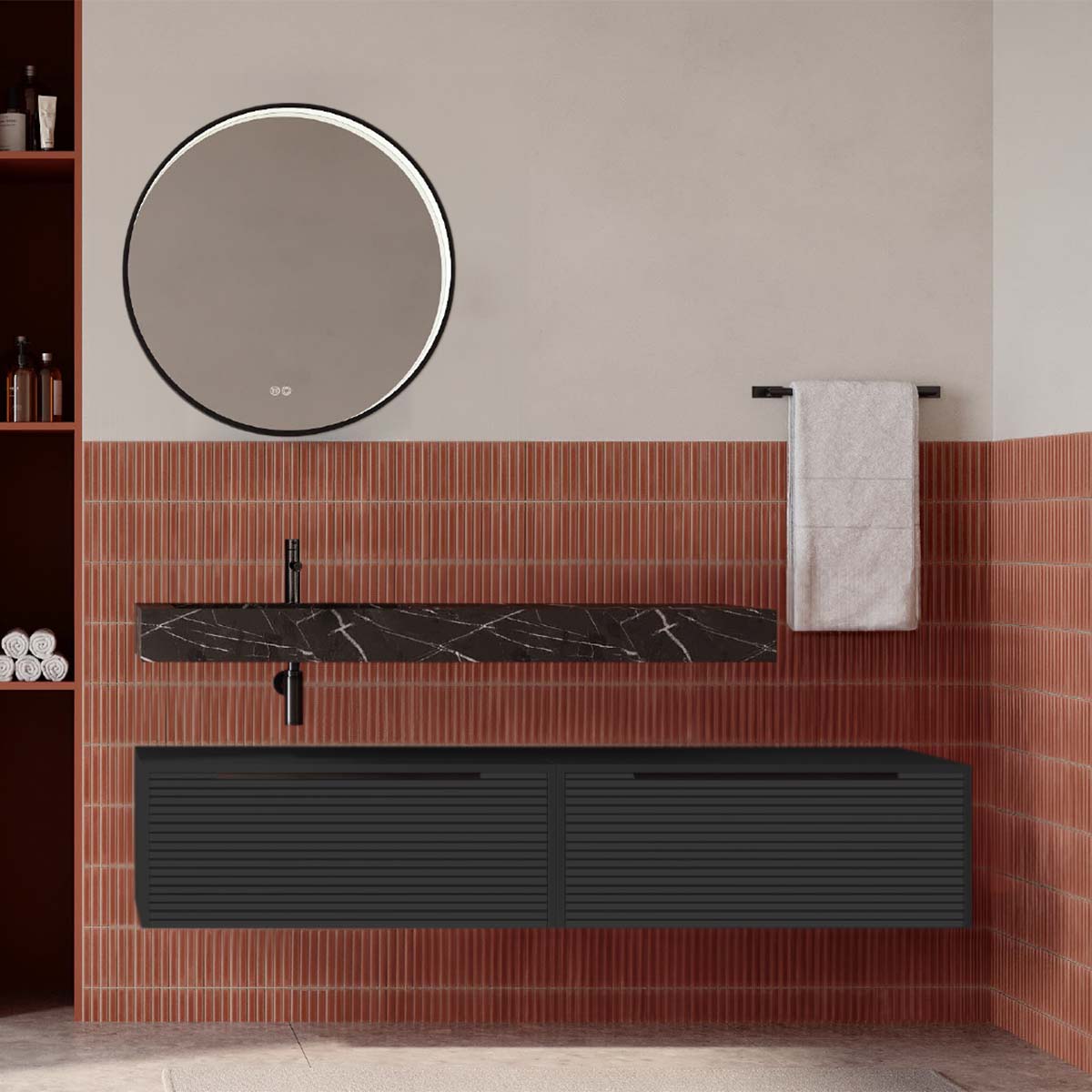 Set mobilier baie suspendat negru mat cu lavoar imitație marmura neagra și oglindă, cu riflaje Dogato, 160 cm, SaviniDue Iconica