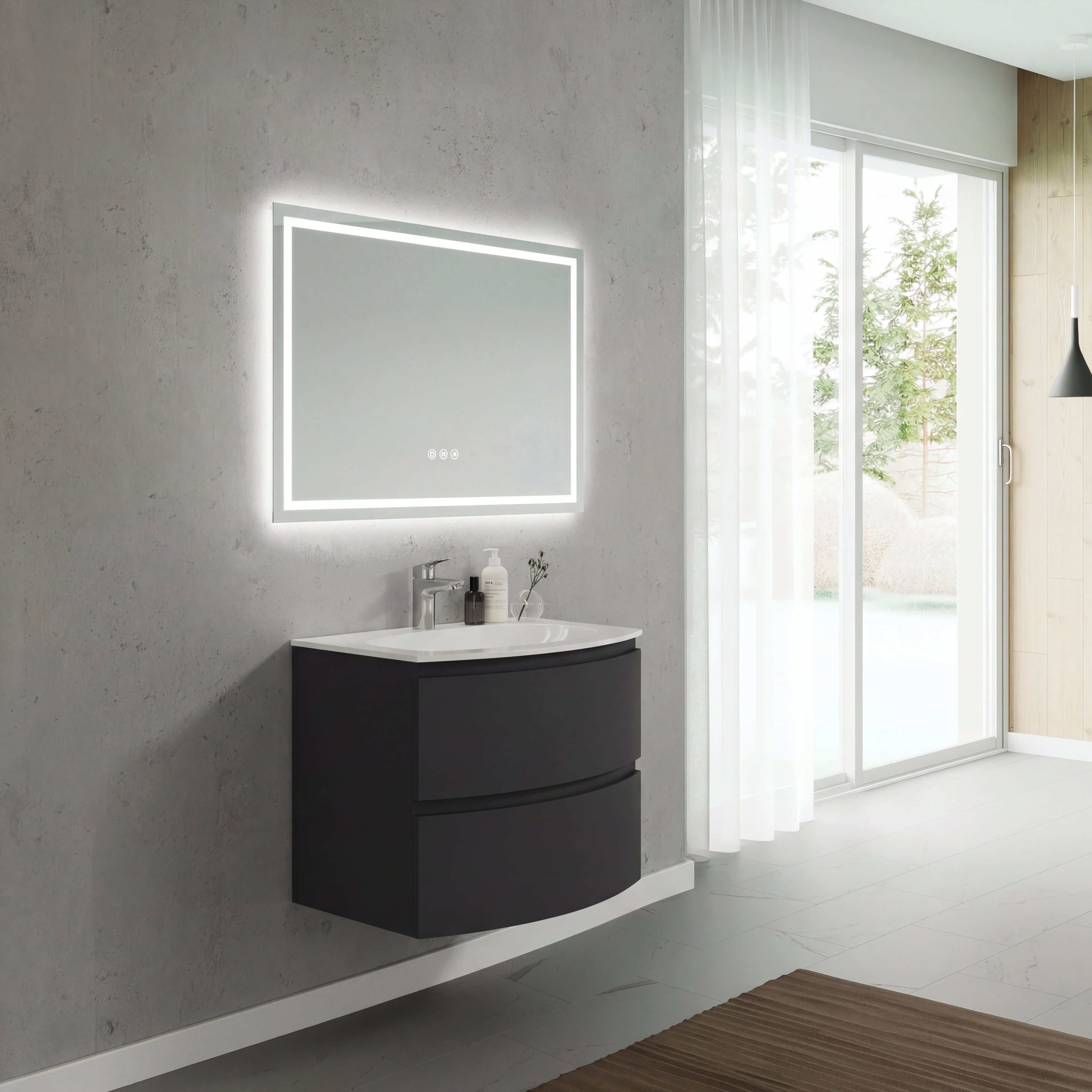 Set mobilier baie suspendat negru mat, lavoar alb lucios si oglinda, 70 cm, SaviniDue Armonia