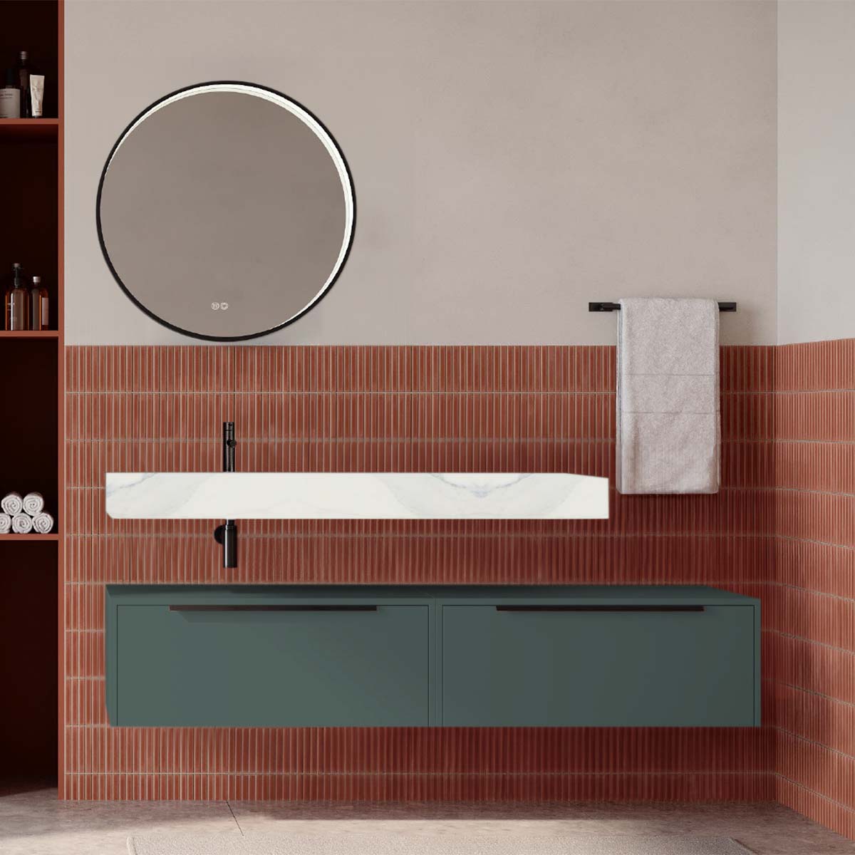 Set mobilier baie suspendat verde italia mat cu lavoar imitație marmură alba și oglindă, 160 cm, SaviniDue Iconica