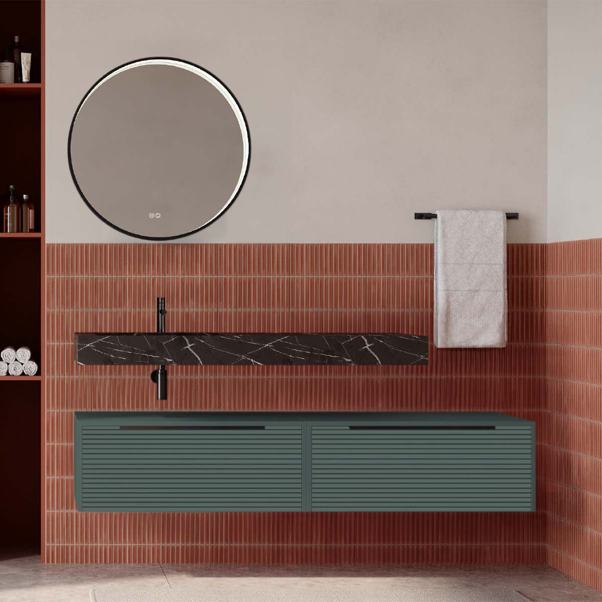 Set mobilier baie suspendat verde italia mat cu lavoar imitație marmura neagra și oglindă, cu riflaje Dogato, 160 cm, SaviniDue Iconica