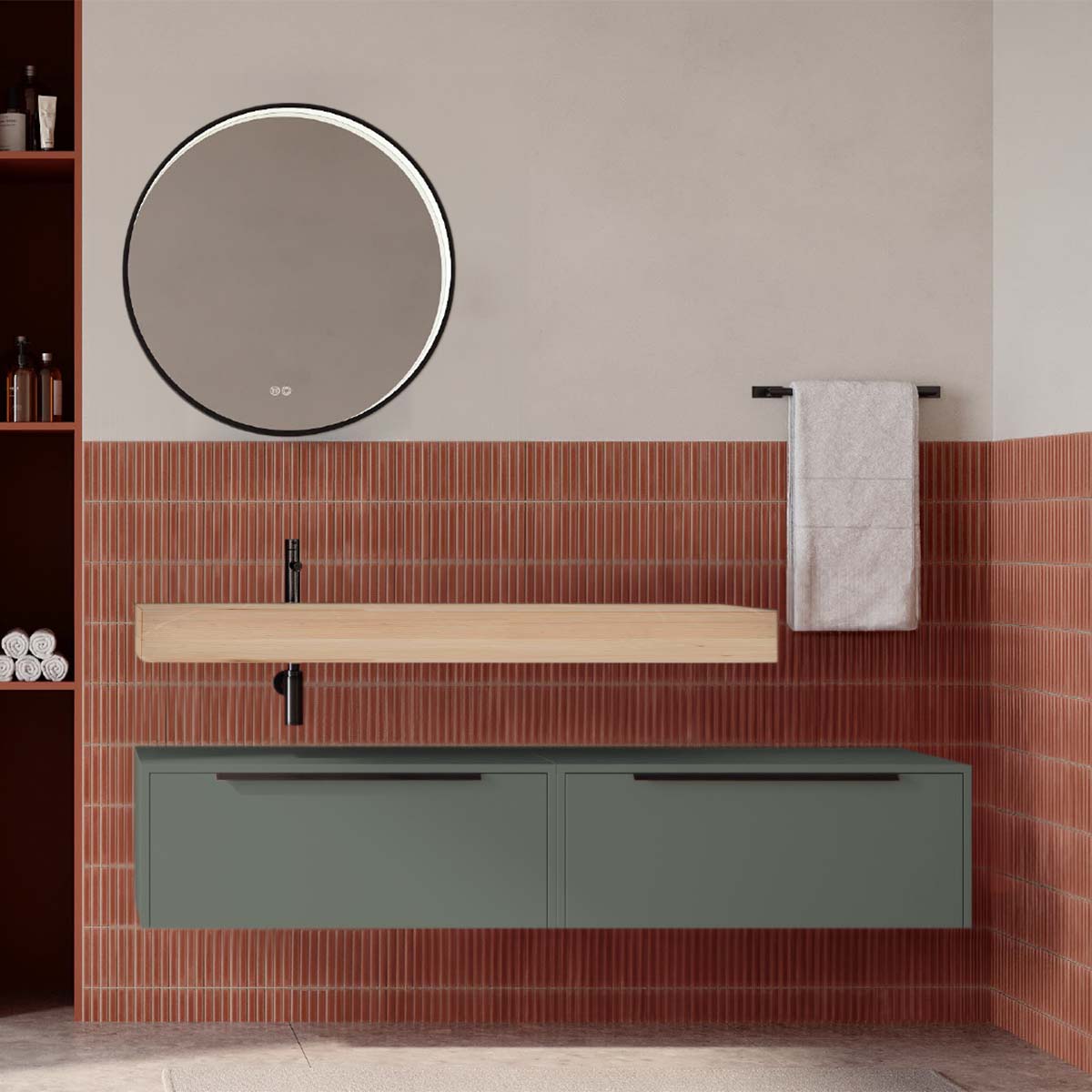 Set mobilier baie suspendat verde salvie mat cu lavoar imitație lemn și oglindă, 160 cm, SaviniDue Iconica