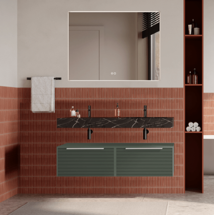 Set mobilier baie suspendat verde salvie, riflaje Dogato, lavoar negru si oglinda, manere crom, 120 cm, SaviniDue Iconica